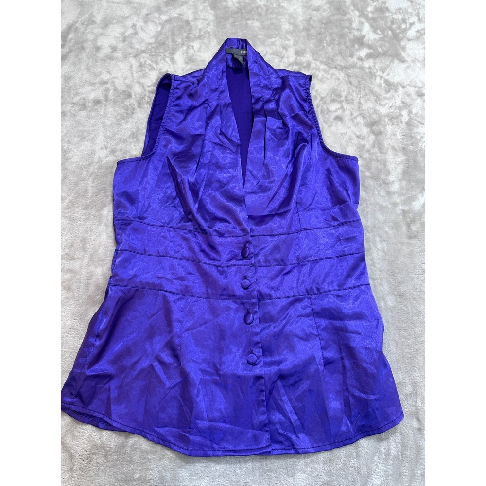 Poetry Purple Satin Sleeveless Blouse Top Peplum V-Neck Button Front Medium M